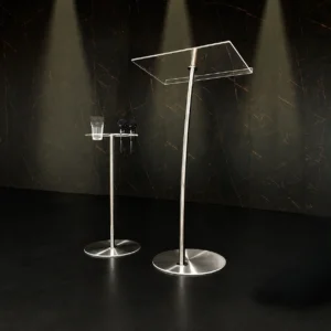 Púlpito Hillsong e Mesa Slim em aço inox e acrílico com suporte para microfones e copo