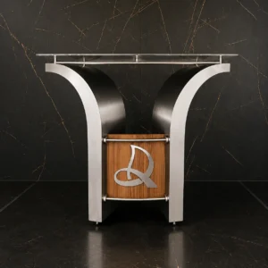 Púlpito de Aço Inox Tiago para igreja com logomarca personalizada, tampo em acrílico e estrutura moderna em aço inox 304.