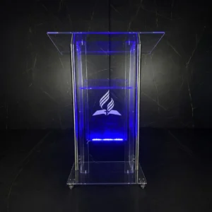 Púlpito de Acrílico Calebe Plus para igreja com LED azul e design moderno em acrílico cristal