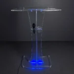 Púlpito Tito com LED azul aceso — modelo transparente para igrejas