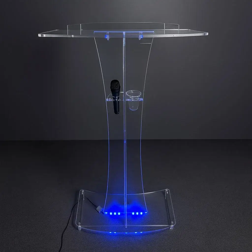 Púlpito Tito com LED azul aceso — modelo transparente para igrejas