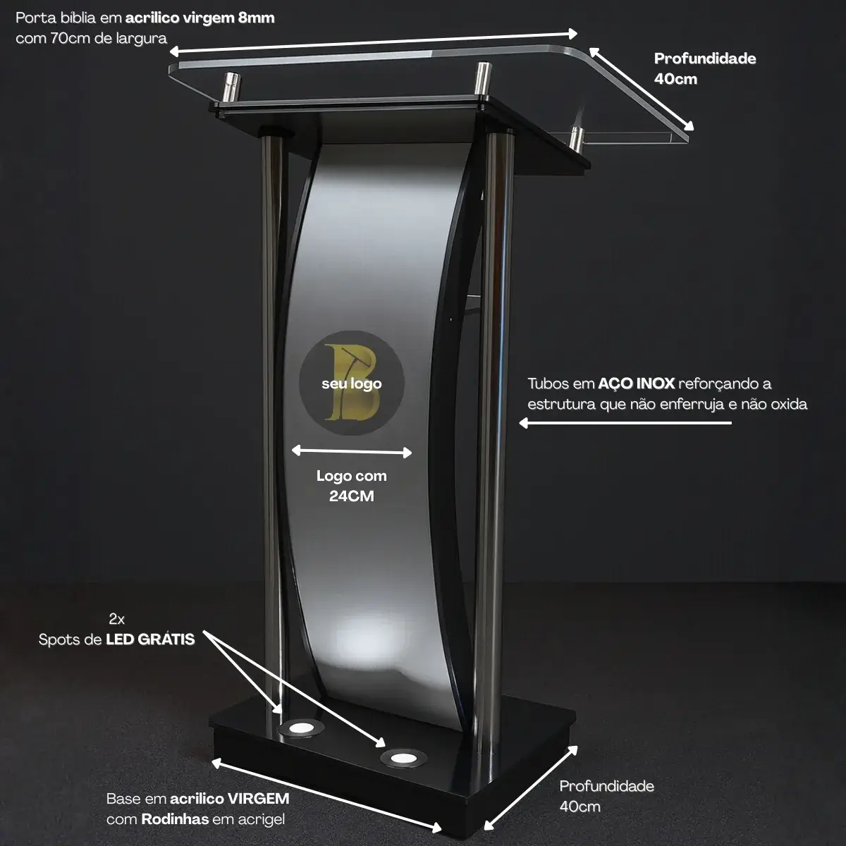 Detalhe do púlpito de acrílico Marcos com inox 304 escovado