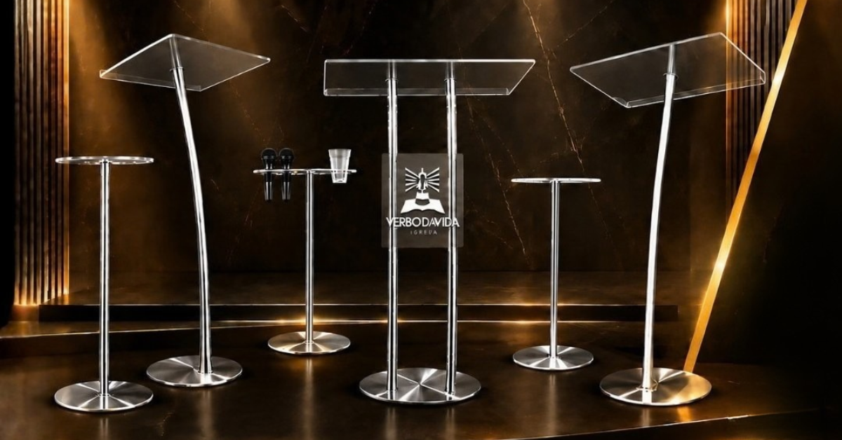 Linha Hillsong: púlpitos e mesas em aço inox e acrílico