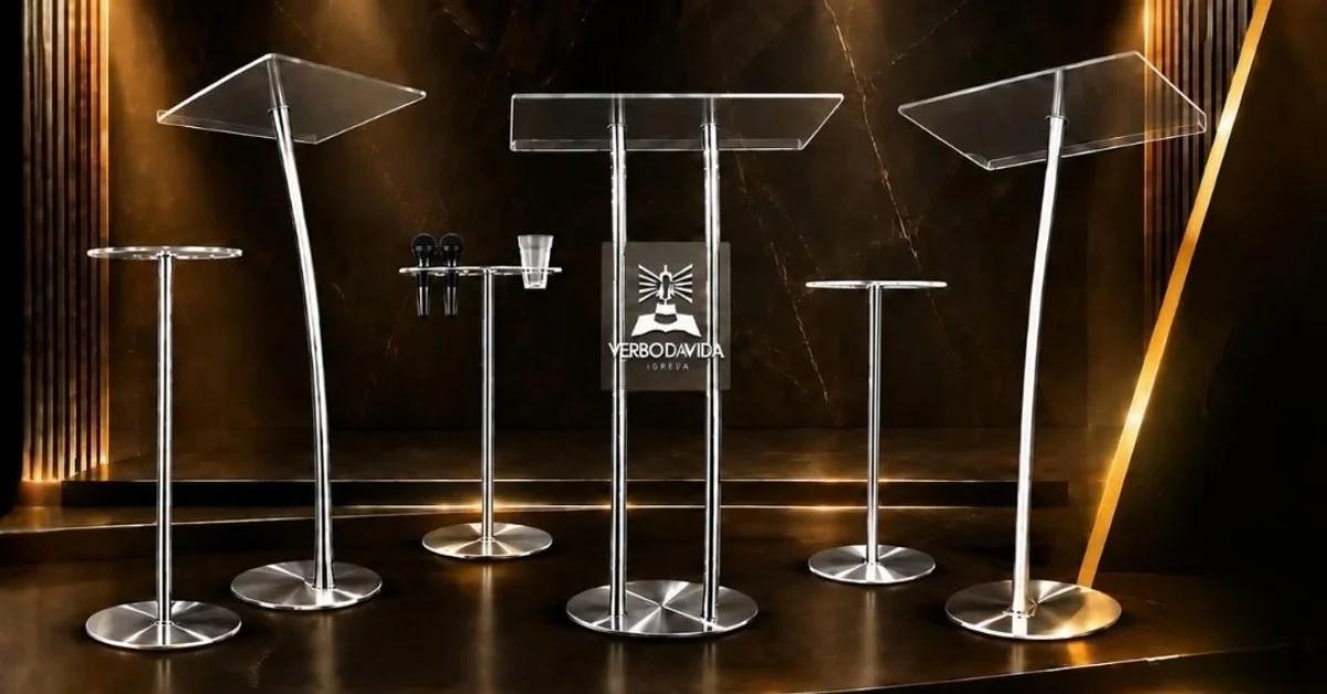 Linha Hillsong: púlpitos e mesas em aço inox e acrílico